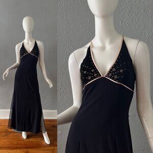 Vintage 90s Black Whimsigoth DAVE & JOHNNY Maxi Y2K Prom Dress XS/S